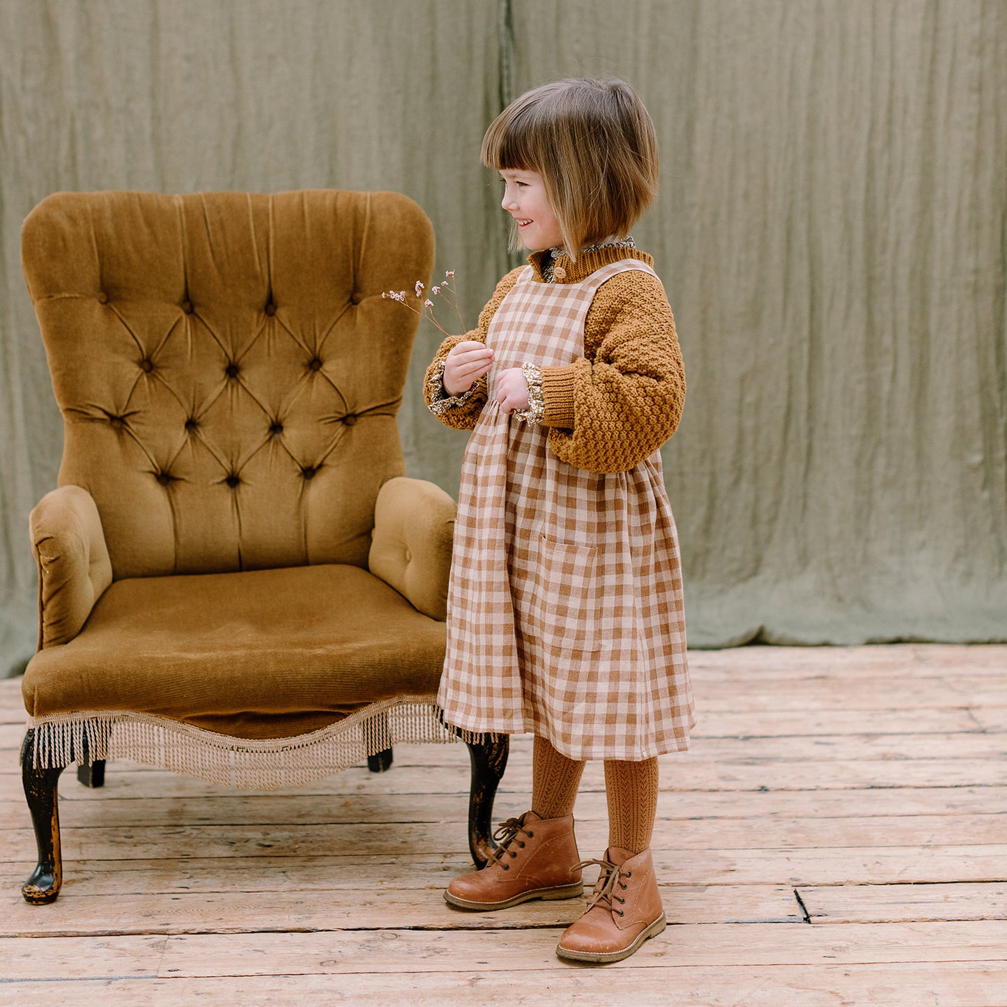 CONKERS PINAFORE - CARAMEL and OAT CHECK LINEN