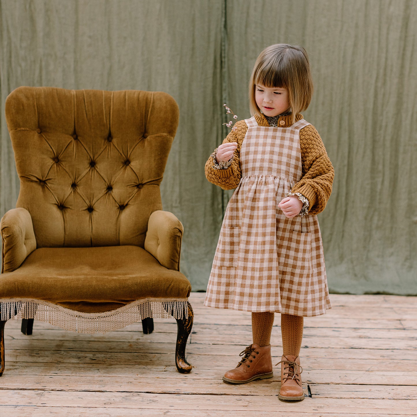 CONKERS PINAFORE - CARAMEL and OAT CHECK LINEN